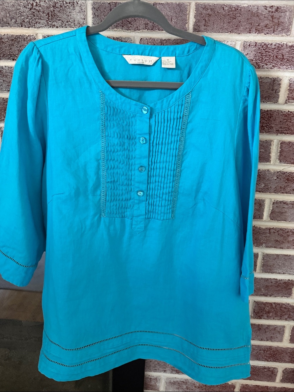Tweeds Turquoise Pintuck Button-Front Tunic